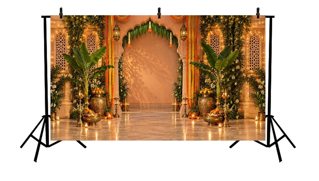 GRAND MARIGOLD ARCHWAY WITH BANANA LEAVES & FESTIVE LANTERNS - PRINTED BACKDROP