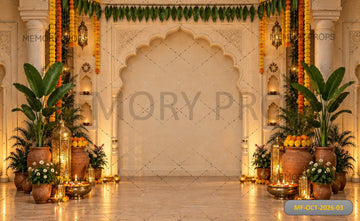 ELEGANT CREAM ARCHWAY WITH BANANA LEAVES & MARIGOLD DECOR - PRINTED BACKDROP