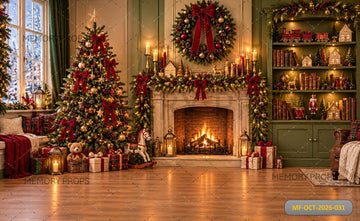 CHRISTMAS FIREPLACE LUXURY LIVING ROOM FESTIVE - PRINTED BACKDROP