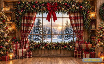 CHRISTMAS RUSTIC WOODEN CABIN SNOWY WINDOW FESTIVE - PRINTED BACKDROP