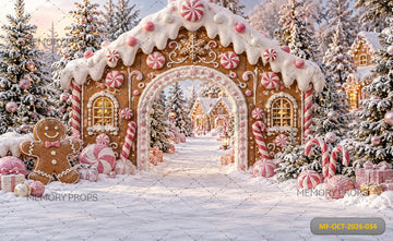 PINK GINGERBREAD HOUSE CANDY CANE WINTER WONDERLAND - PRINTED BACKDROP