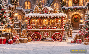 CHRISTMAS GINGERBREAD CANDY CART WINTER WONDERLAND  - PRINTED BACKDROP