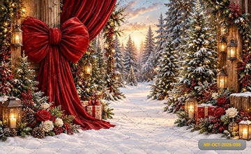 CHRISTMAS RED VELVET BOW SNOWY FOREST PATH - PRINTED BACKDROP