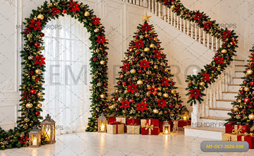 LUXURY WHITE STAIRCASE CHRISTMAS TREE DECORATION - PRINTED BACKDROP