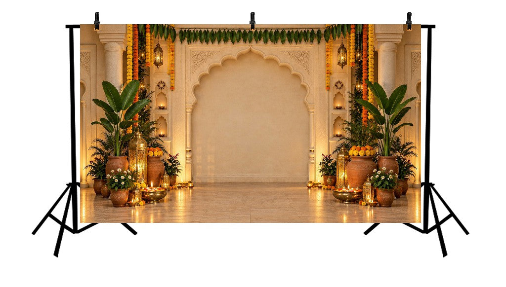 ELEGANT CREAM ARCHWAY WITH BANANA LEAVES & MARIGOLD DECOR - PRINTED BACKDROP