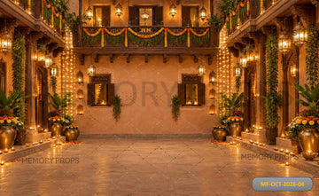 GRAND HERITAGE COURTYARD WITH MARIGOLD GARLANDS & GLOWING LANTERNS - PRINTED BACKDROP