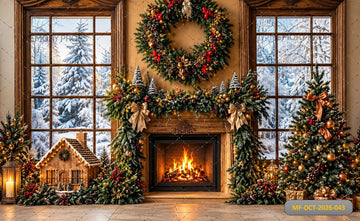 RUSTIC CHRISTMAS FIREPLACE WINTER WONDERLAND - PRINTED BACKDROP