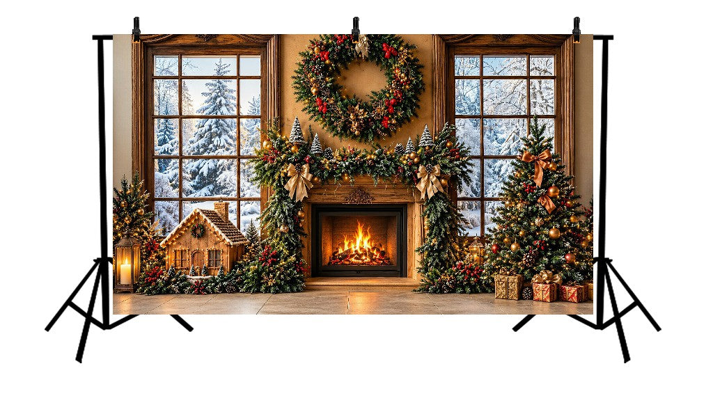 RUSTIC CHRISTMAS FIREPLACE WINTER WONDERLAND - PRINTED BACKDROP