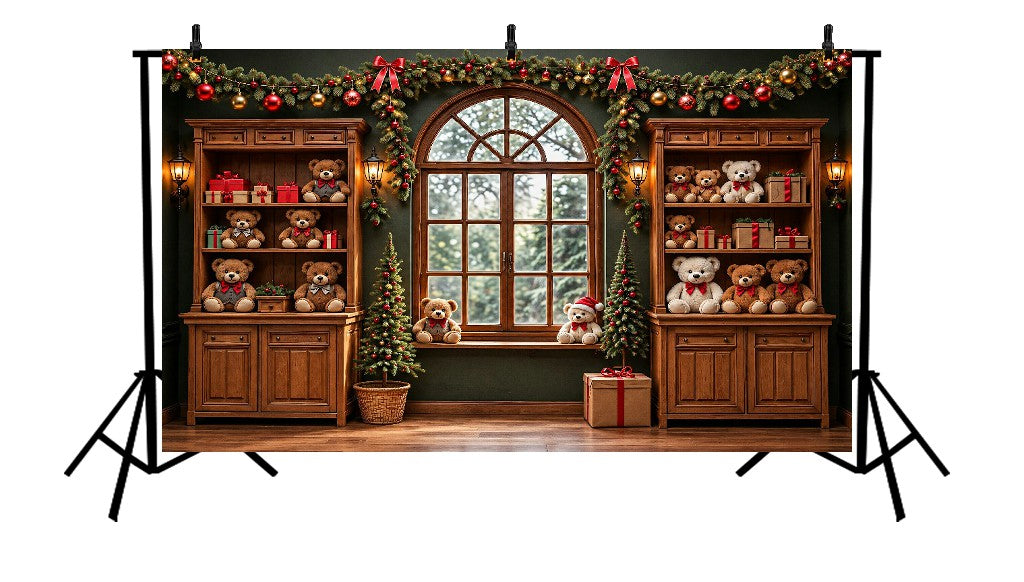 CHRISTMAS TEDDY BEAR CABINET & WOODEN WINDOW - PRINTED BACKDROP
