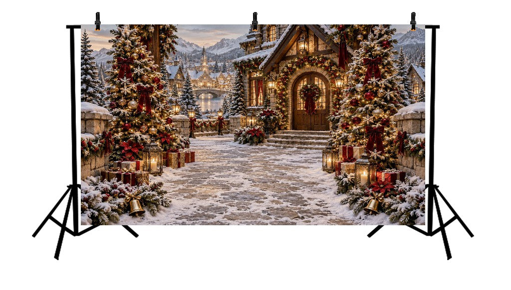 CHRISTMAS SNOWY VILLAGE COTTAGE - PRINTED BACKDROP