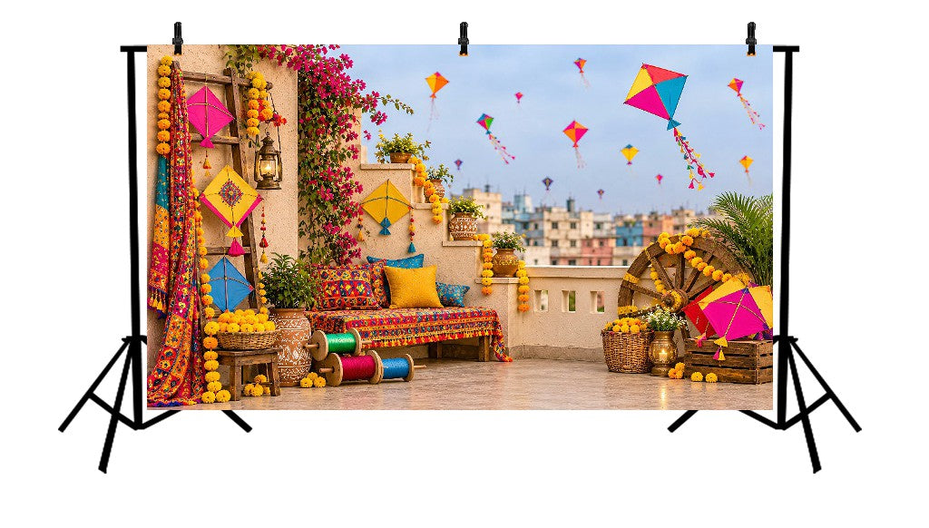 TRADITIONAL UTTARAYAN KITE FESTIVAL GUJARATI ROOFTOP TERRACE - PRINTED BACKDROP