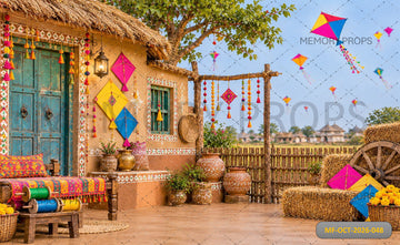 TRADITIONAL GUJARATI VILLAGE COURTYARD UTTARAYAN KITE FESTIVAL - PRINTED BACKDROP