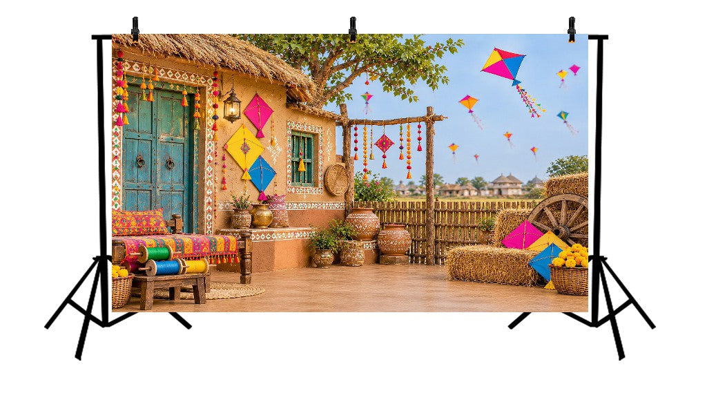 TRADITIONAL GUJARATI VILLAGE COURTYARD UTTARAYAN KITE FESTIVAL - PRINTED BACKDROP