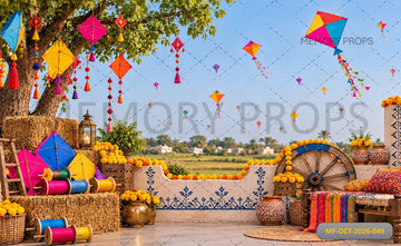 TRADITIONAL UTTARAYAN KITE FESTIVAL GUJARATI VILLAGE COURTYAR  PRINTED BACKDRO