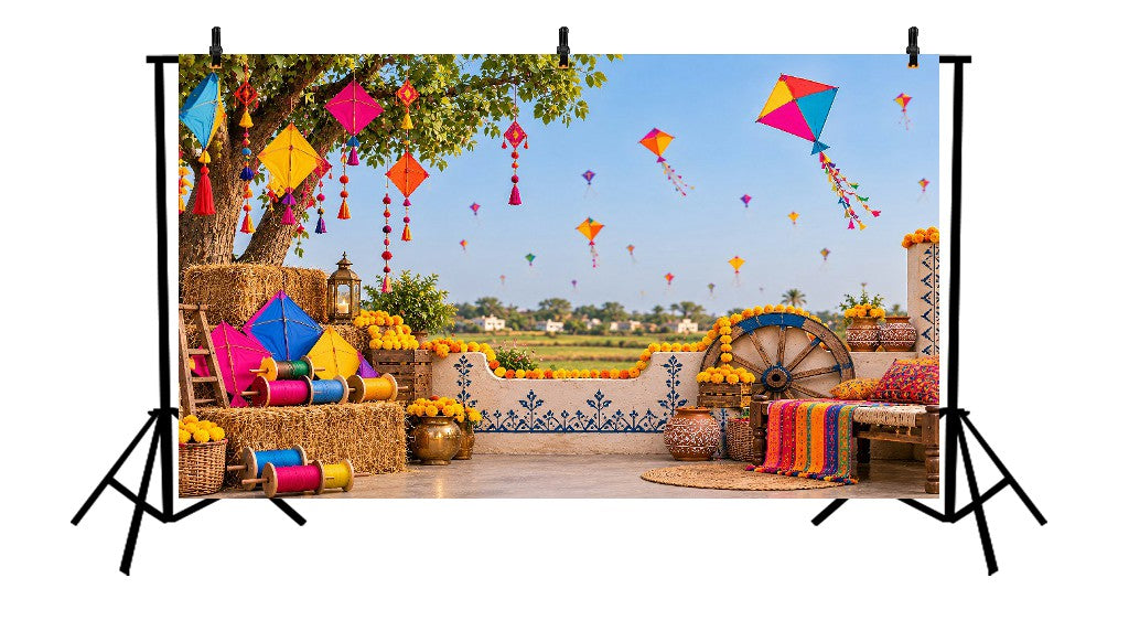 TRADITIONAL UTTARAYAN KITE FESTIVAL GUJARATI VILLAGE COURTYAR  PRINTED BACKDRO