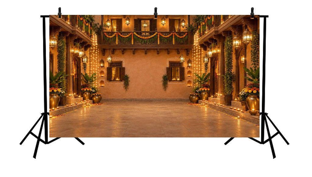 GRAND HERITAGE COURTYARD WITH MARIGOLD GARLANDS & GLOWING LANTERNS - PRINTED BACKDROP