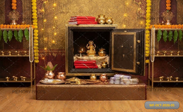 LUXURY DIWALI PUJA SAFE WITH GOLDEN DECOR & MARIGOLD GARLANDS - PRINTED BACKDROP
