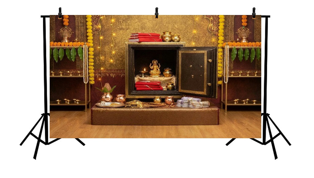 LUXURY DIWALI PUJA SAFE WITH GOLDEN DECOR & MARIGOLD GARLANDS - PRINTED BACKDROP