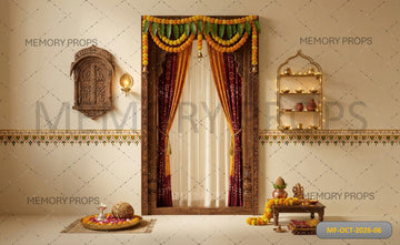 ROYAL TRADITIONAL DOORWAY WITH MARIGOLD DECOR & FESTIVE CURTAINS - PRINTED BACKDROP