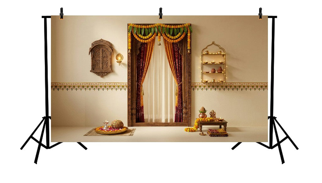 ROYAL TRADITIONAL DOORWAY WITH MARIGOLD DECOR & FESTIVE CURTAINS - PRINTED BACKDROP
