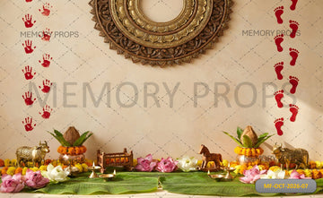 TRADITIONAL DIWALI PUJA SETUP WITH KALASH, LOTUS FLOWERS & AUSPICIOUS FOOTPRINTS - PRINTED BACKDROP