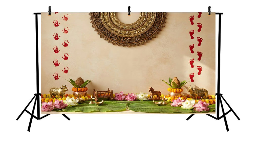 TRADITIONAL DIWALI PUJA SETUP WITH KALASH, LOTUS FLOWERS & AUSPICIOUS FOOTPRINTS - PRINTED BACKDROP