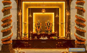 GRAND DIWALI PUJA ALTAR WITH LAKSHMI GANESHA & MARIGOLD DECOR - PRINTED BACKDROP