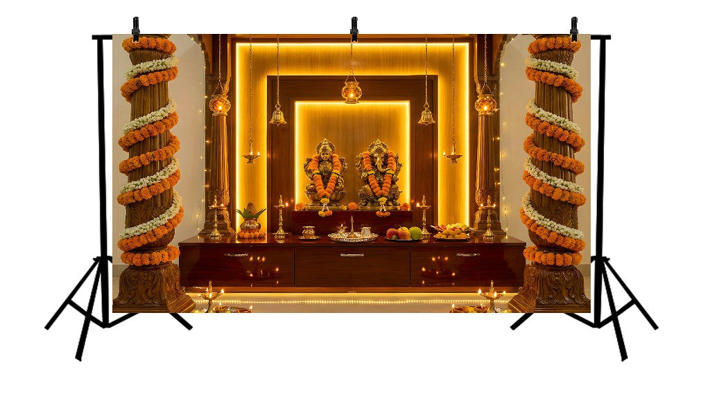 GRAND DIWALI PUJA ALTAR WITH LAKSHMI GANESHA & MARIGOLD DECOR - PRINTED BACKDROP