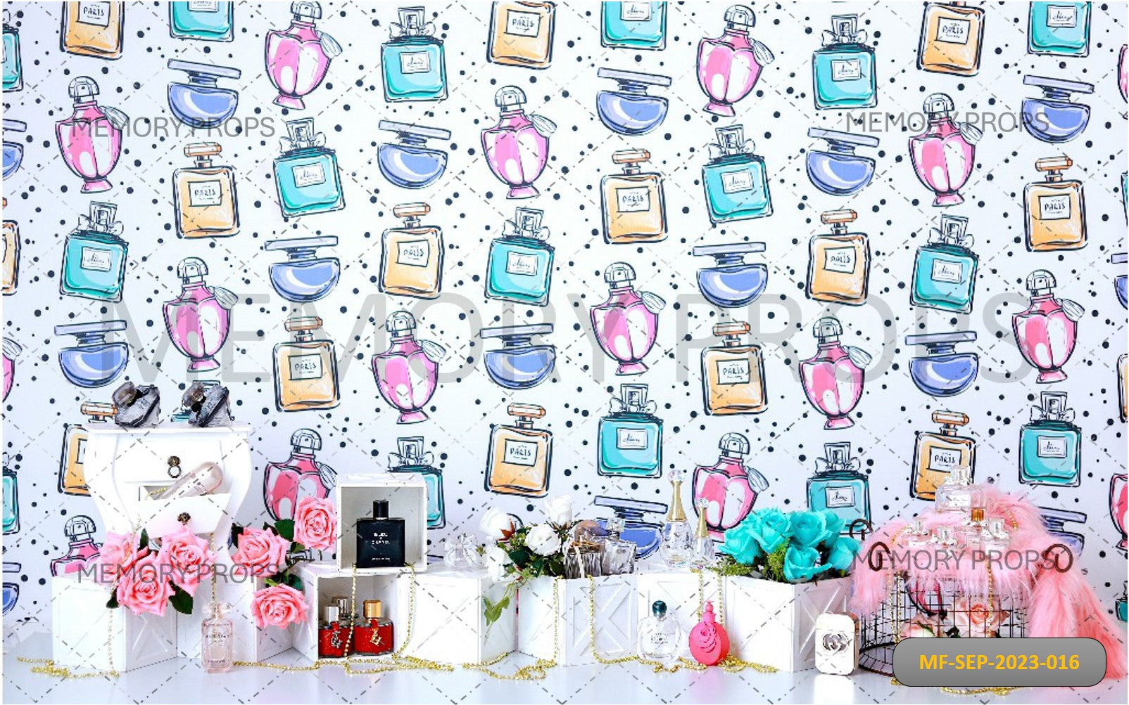 Perfume Bottles With Rose Flowers Watercolour Printed Backdrop