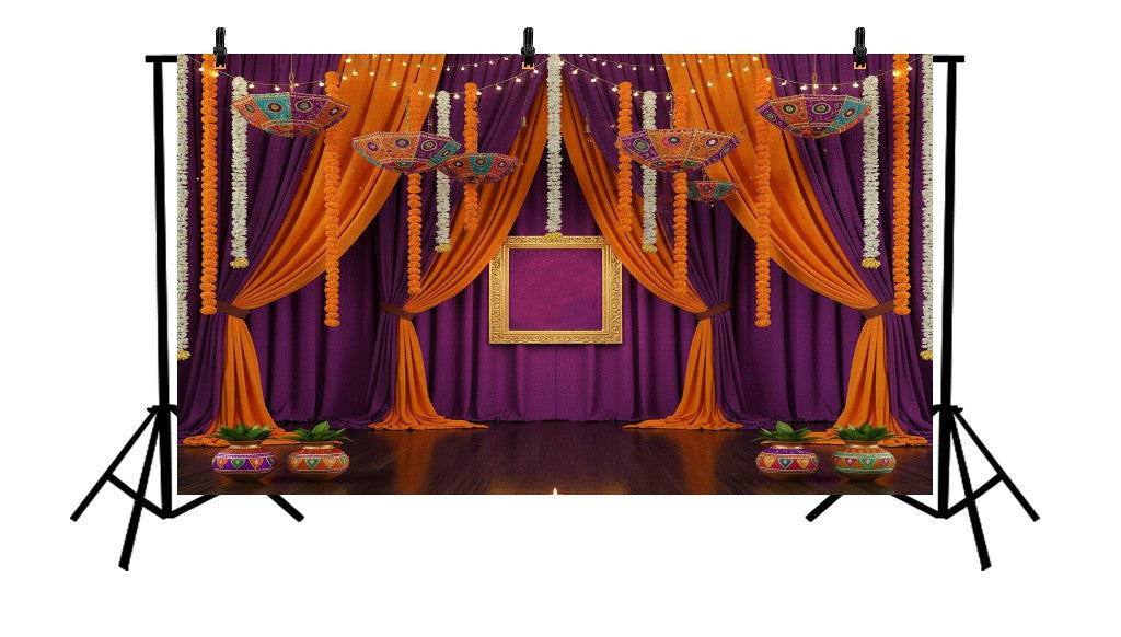 ROYAL PURPLE AND ORANGE DRAPES - PRINTED BACKDROP