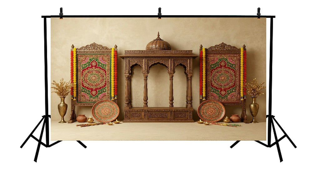 ROYAL CARVED WOODEN MANDAP PALACE SETUP BACKDROP - PRINTED BACKDROP