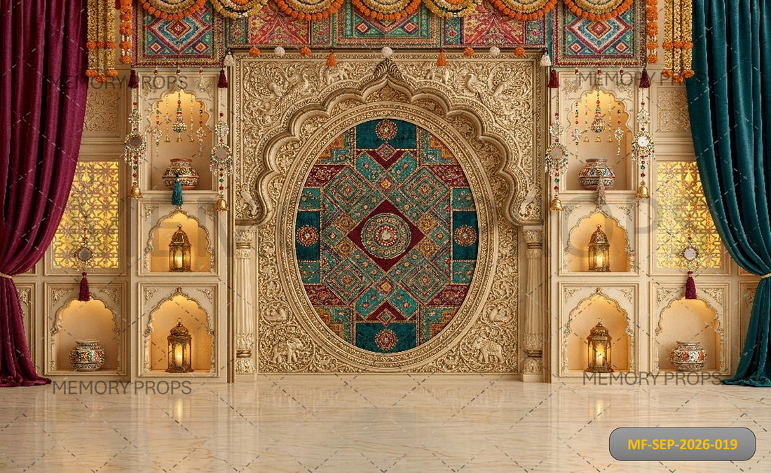 ROYAL TEAL MAROON ORNATE ARCH MANDALA FESTIVE PHOTOSHOOT BACKDROP - PRINTED BACKDROP