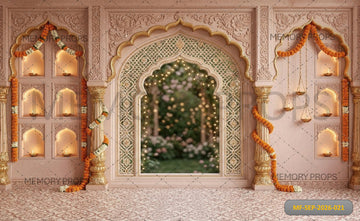 NAME: ROYAL BLUSH ARCHWAY GARDEN MARIGOLD DECOR BACKDROP FOR PHOTOGRAPHY - PRINTED