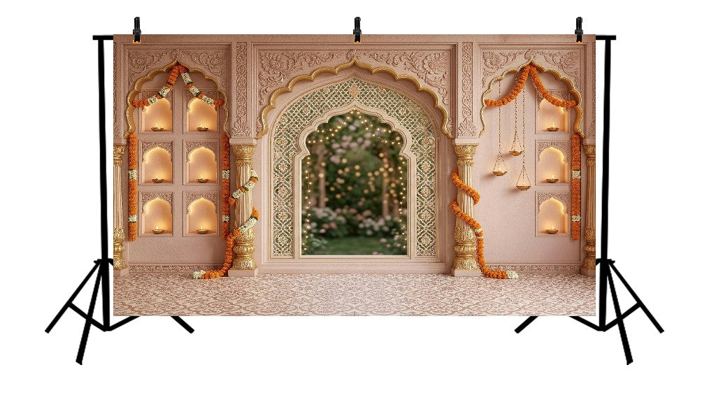 NAME: ROYAL BLUSH ARCHWAY GARDEN MARIGOLD DECOR BACKDROP FOR PHOTOGRAPHY - PRINTED