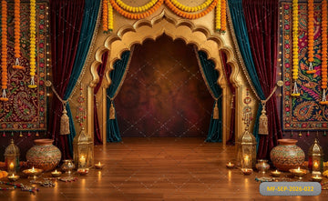 ROYAL GOLDEN ARCH MAROON TEAL DRAPES FESTIVE PALACE DECOR BACKDROP FOR PHOTOGRAPHY - PRINTED BACKDROP