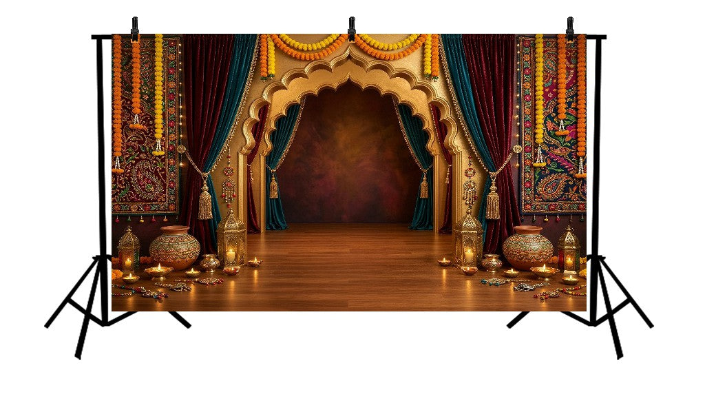 ROYAL GOLDEN ARCH MAROON TEAL DRAPES FESTIVE PALACE DECOR BACKDROP FOR PHOTOGRAPHY - PRINTED BACKDROP