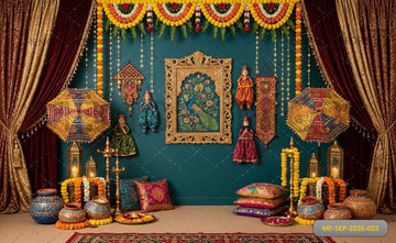 ROYAL TEAL BLUE TEXTILE DOLL DECOR MAROON DRAPES FESTIVE - PRINTED BACKDROP