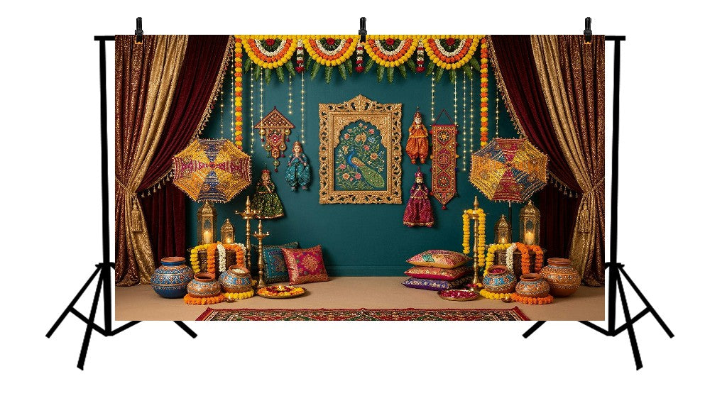 ROYAL TEAL BLUE TEXTILE DOLL DECOR MAROON DRAPES FESTIVE - PRINTED BACKDROP