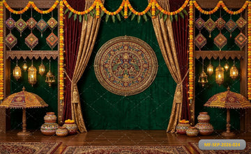 ROYAL EMERALD GREEN GOLDEN DRAPES PEACOCK MANDALA FESTIVE DECOR BACKDROP - PRINTED BACKDROP