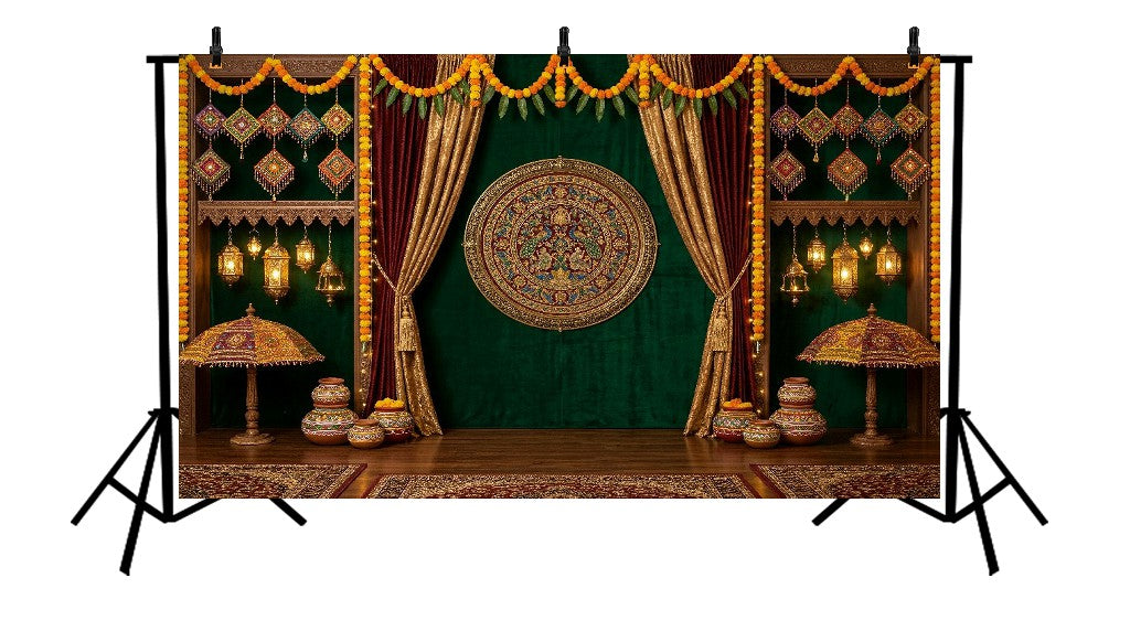 ROYAL EMERALD GREEN GOLDEN DRAPES PEACOCK MANDALA FESTIVE DECOR BACKDROP - PRINTED BACKDROP