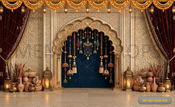 ROYAL GOLDEN ARCH BLUE DRAPE FESTIVE PALACE SETUP - PRINTED BACKDROP