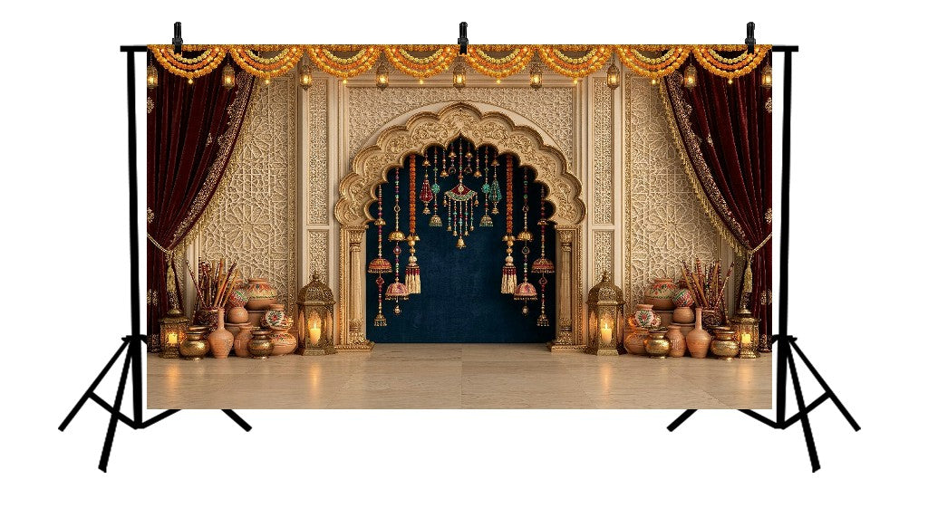 ROYAL GOLDEN ARCH BLUE DRAPE FESTIVE PALACE SETUP - PRINTED BACKDROP