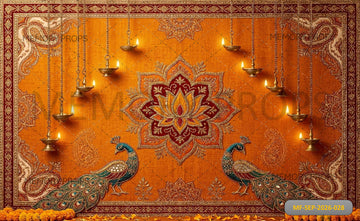 ROYAL ORANGE LOTUS PEACOCK DIWALI LAMP DECORATION BACKDROP - PRINTED BACKDROP