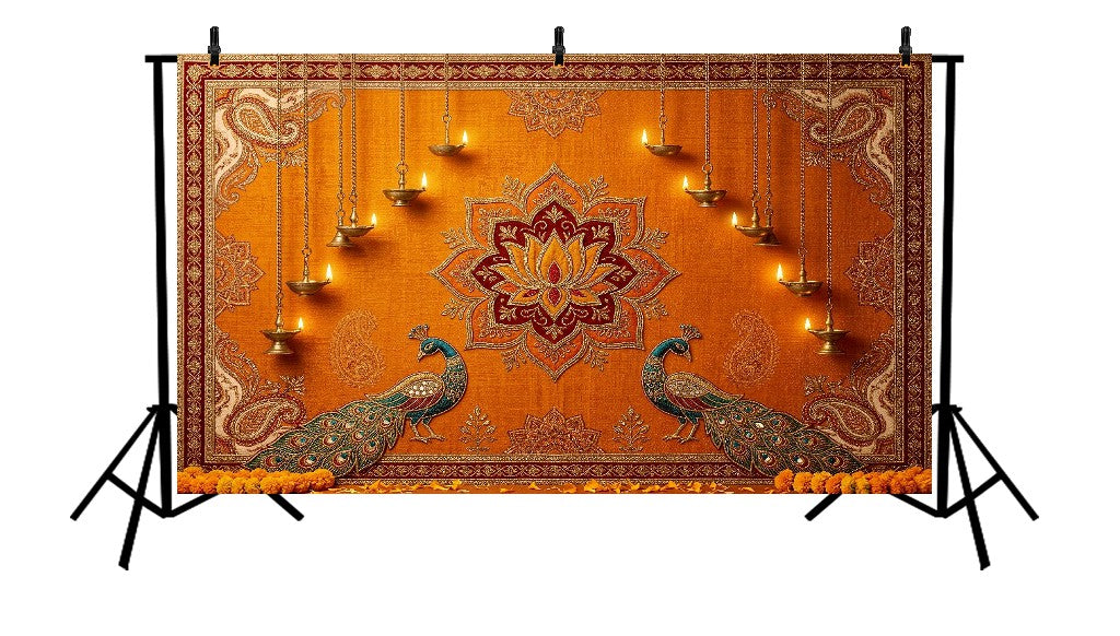 ROYAL ORANGE LOTUS PEACOCK DIWALI LAMP DECORATION BACKDROP - PRINTED BACKDROP