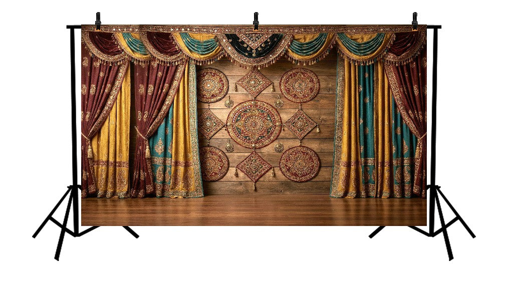 ROYAL MAROON TEAL GOLD DRAPED TEXTILE PALACE BACKDROP - PRINTED BACKDROP