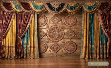 ROYAL MAROON TEAL GOLD DRAPED TEXTILE PALACE BACKDROP - PRINTED BACKDROP