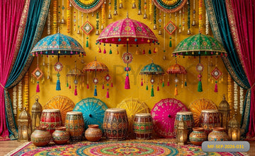 COLOURFUL TRADITIONAL FESTIVE DECOR WITH EMBROIDERED UMBRELLAS AND DRUMS - PRINTED BACKDROP