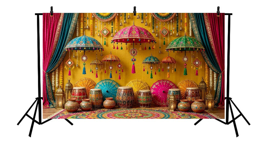 COLOURFUL TRADITIONAL FESTIVE DECOR WITH EMBROIDERED UMBRELLAS AND DRUMS - PRINTED BACKDROP