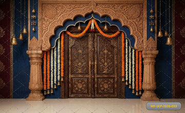ROYAL CARVED WOODEN ARCH DOOR WITH FLORAL GARLANDS BACKDROP - PRINTED BACKDROP