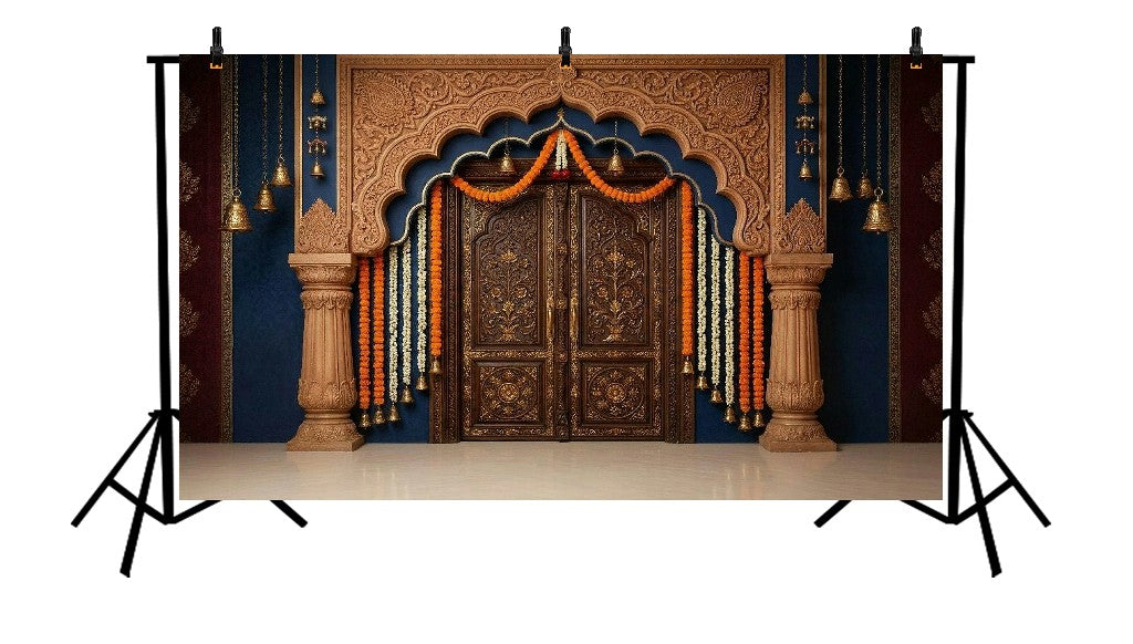 ROYAL CARVED WOODEN ARCH DOOR WITH FLORAL GARLANDS BACKDROP - PRINTED BACKDROP